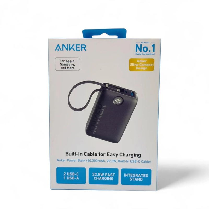 Anker Power Bank, 22.5W High-Speed Charging Portable Charger with Built-In USB-C Cable, 1 USB-C, 1 USB-A, 20,000mAh Battery Pack for iPhone 15/14 Series, Galaxy, iPad, AirPods, and More (Black) (A1647H11)